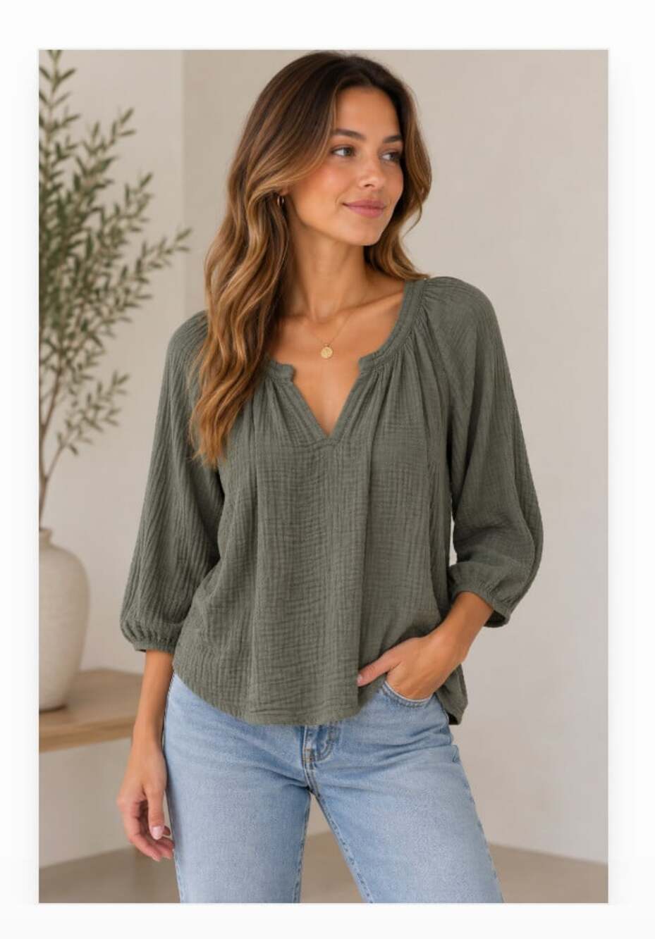 Nation LTD Mimi Blouse Womens Small Green Gauze V Neck 3/4 Balloon Sleeve Top